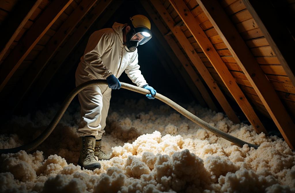 Technician removing contaminated insulation from attic after wildlife damage