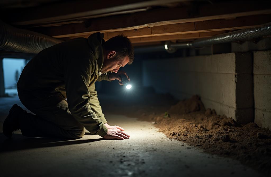 Technician inspecting crawl space for animal activity