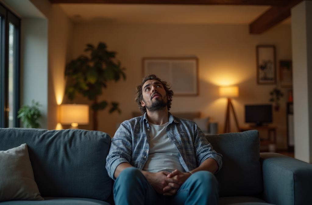 Homeowner looking up at ceiling concerned about wildlife in attic