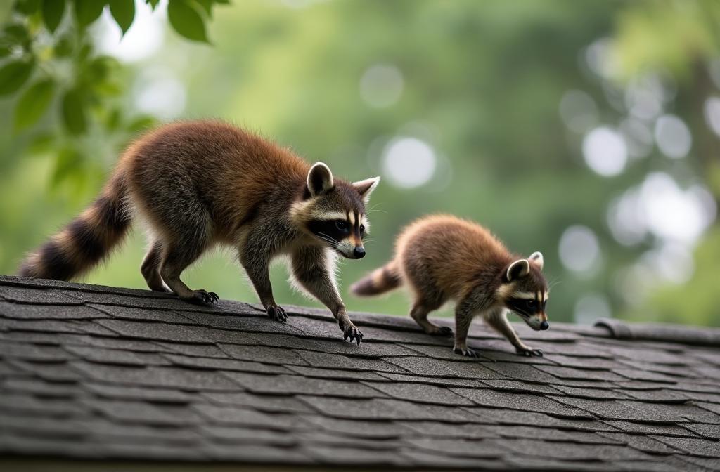 Raccoon mother and kits walking across residential roofline