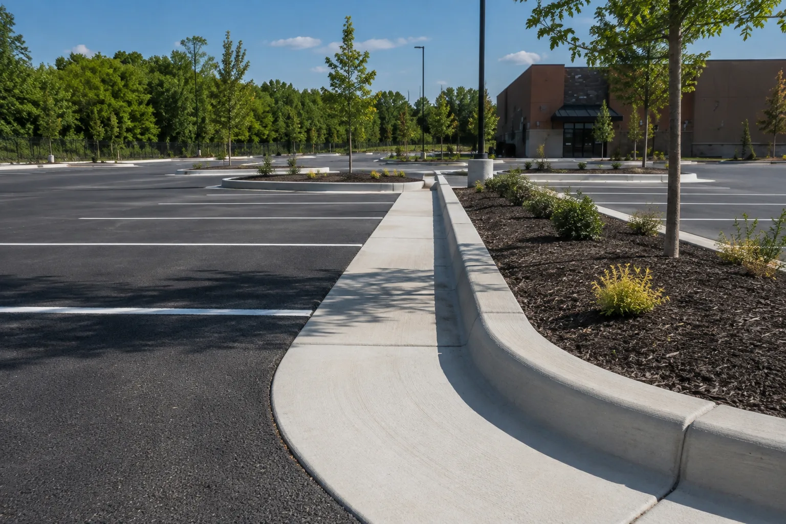 Curved concrete curb and gutter along a parking lot island with sidewalk and planting bed