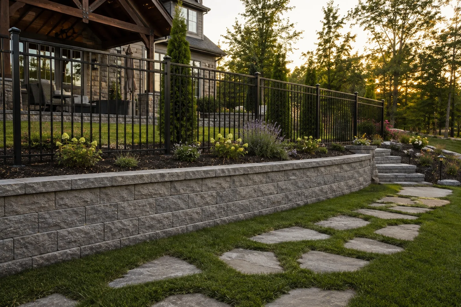 Long block retaining wall with capped top course and planting bed at sunset