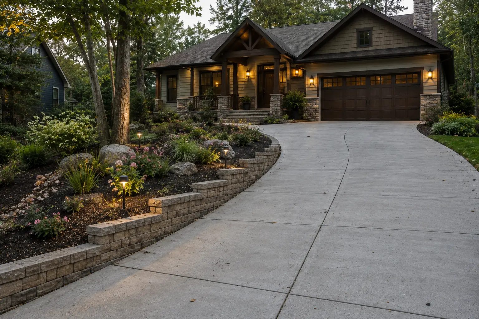 Curved block retaining wall and broom-finished concrete driveway at a craftsman home at dusk